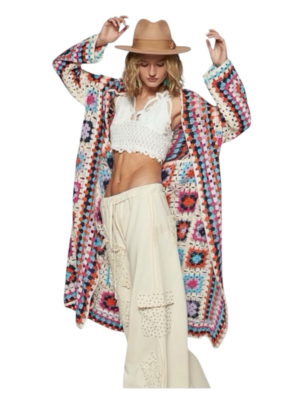 POL Granny Squares Cardigan Sweater, Long Sleeve, Multicolored, Size OS.